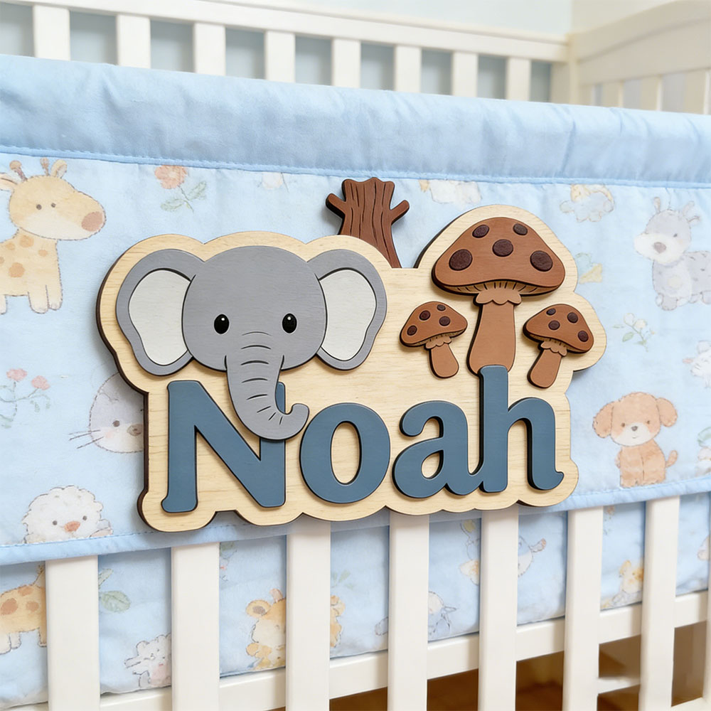 Baby Nursery Themes Girl - لوحة اسم خشبية مخصصة بتصميم فيل