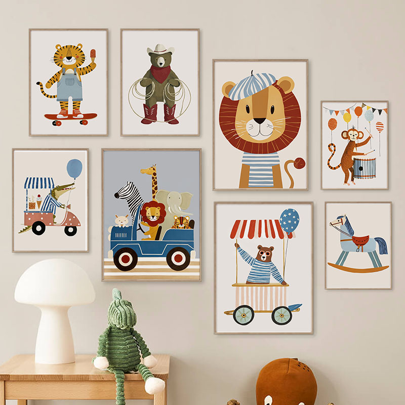 Baby Nursery Wall Decor - لوحات فنية كرتونية مضحكة لحيوانات وسيارات