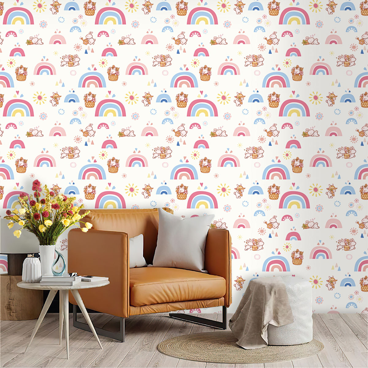 Baby Nursery Wallpaper Girl - ورق جدران بوهو رينبو للأطفال قابل